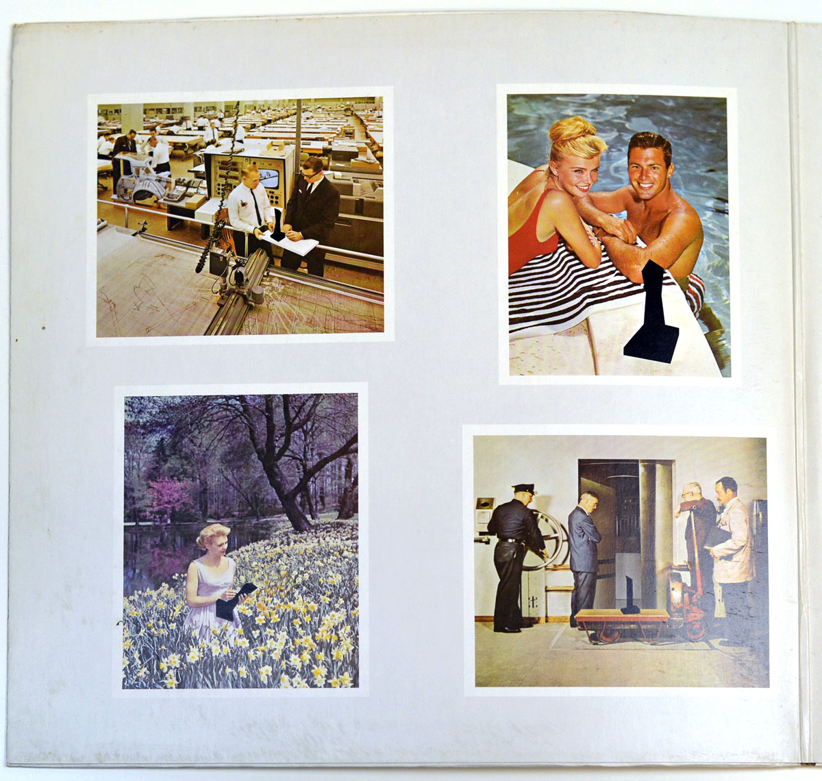 Interior artwork of Led Zeppelin's 'Presence' album, featuring four vintage-style photographs depicting various scenarios—an engineer and businessman in a drafting room, a couple by a pool, a woman in a field of flowers, and a bank vault scene—all incorporating a mysterious black object.